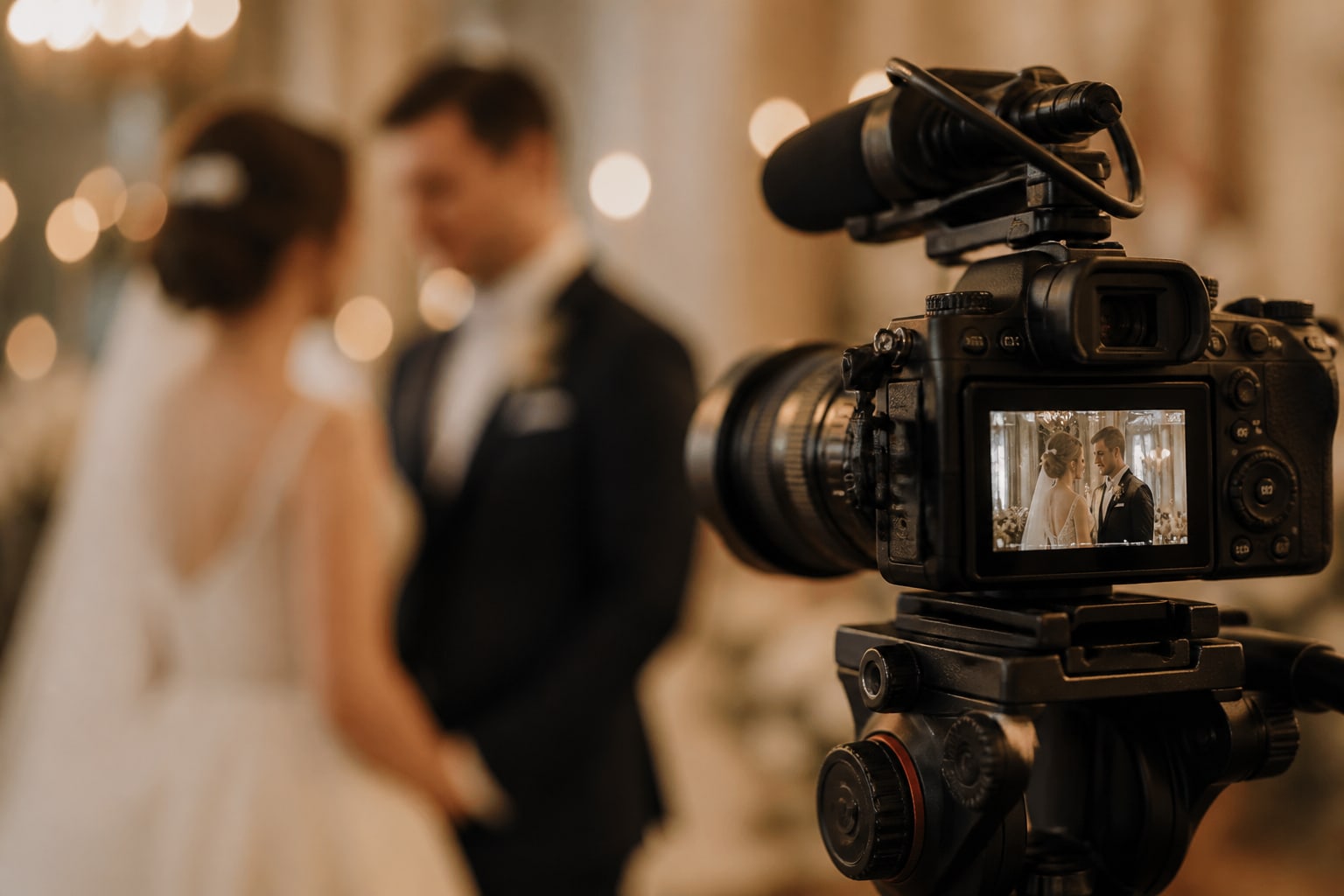 Een camera op statief filmt het bruidspaar tijdens de eerste dans