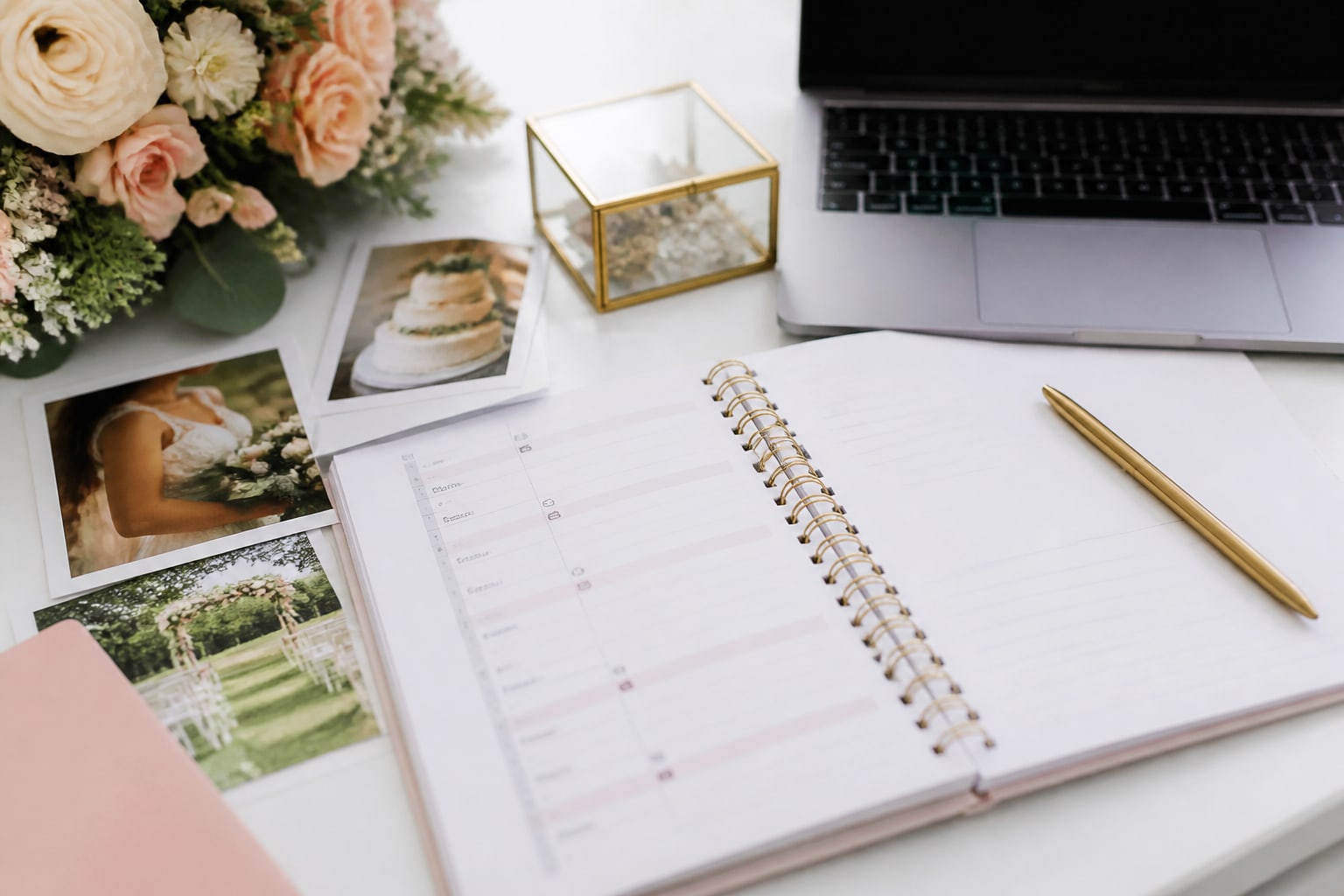 Een opengeslagen planner met pen, foto’s, bloemen en een laptop op tafel