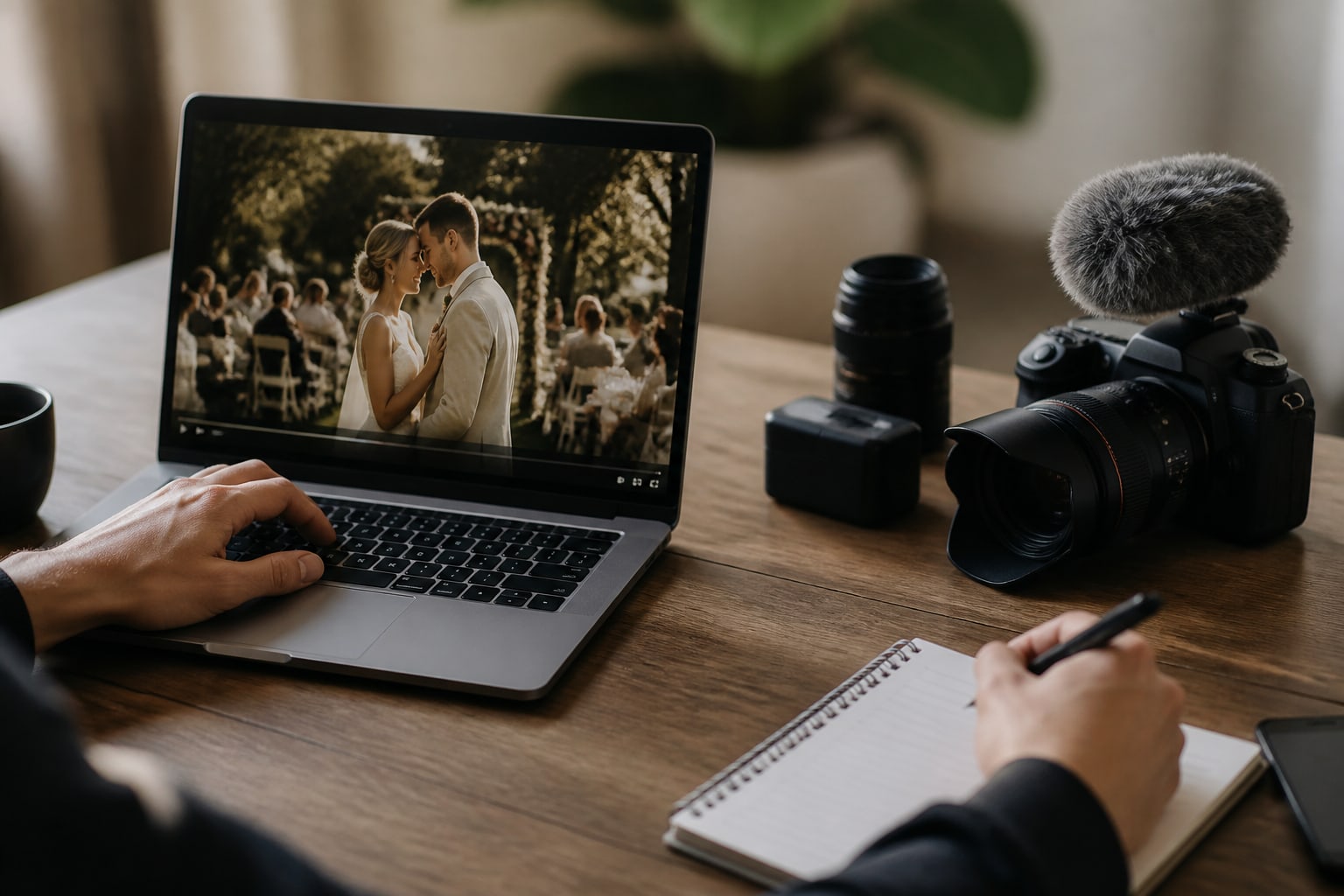 Een laptop met een trouwfilm, een camera en een notitieboek op een bureau