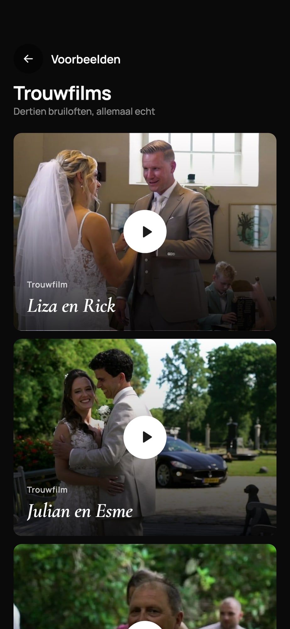 Scherm Voorbeelden met trouwfilms van echte bruiloften, zoals Liza en Rick en Julian en Esme