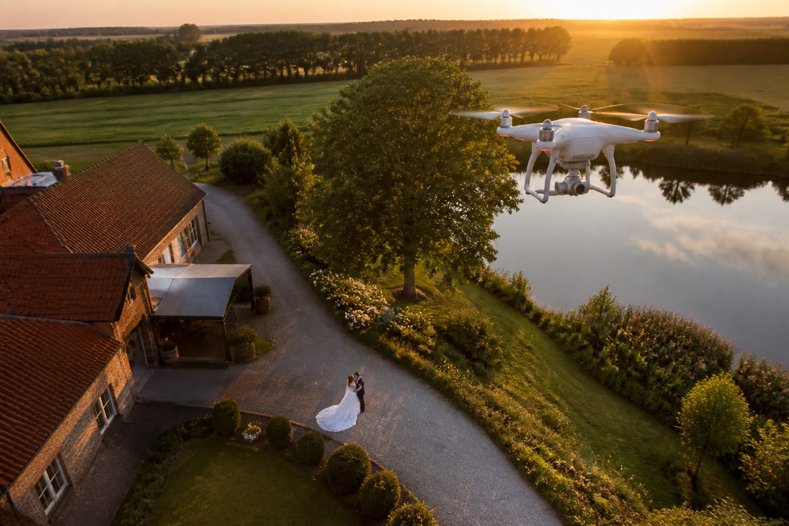 Een drone boven een landgoed aan het water, met het bruidspaar op het pad