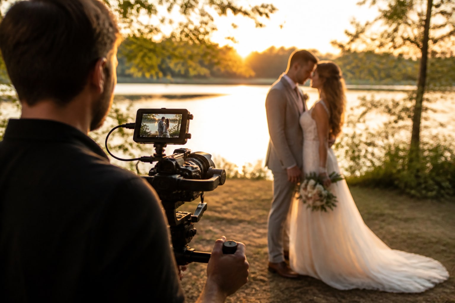 Een videograaf filmt het bruidspaar aan het water bij zonsondergang