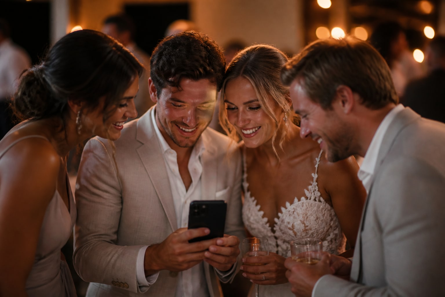 Het bruidspaar en vrienden kijken samen naar een telefoon
