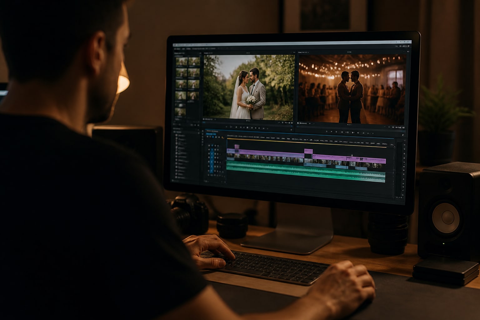 Een editor monteert een trouwfilm op een groot computerscherm