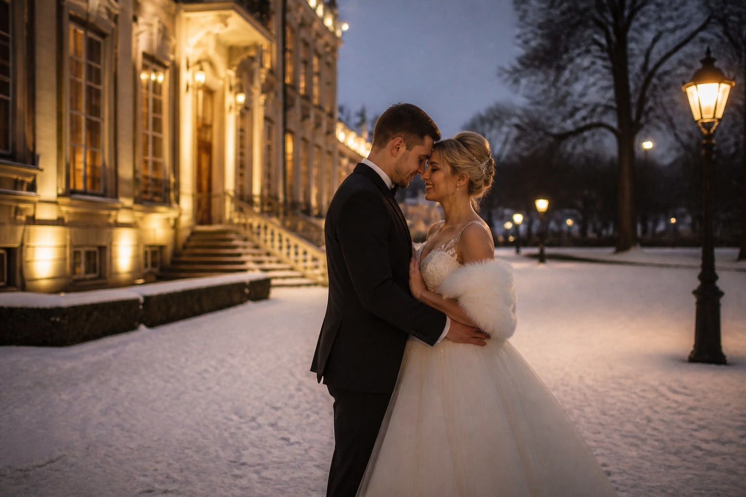 Het bruidspaar in de sneeuw voor een verlicht gebouw, in de avond