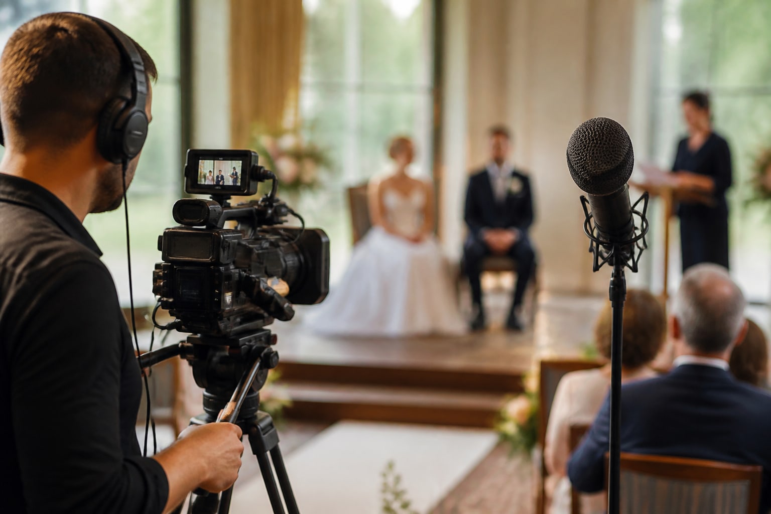 Een videograaf met koptelefoon filmt de ceremonie, met een microfoon bij de spreker
