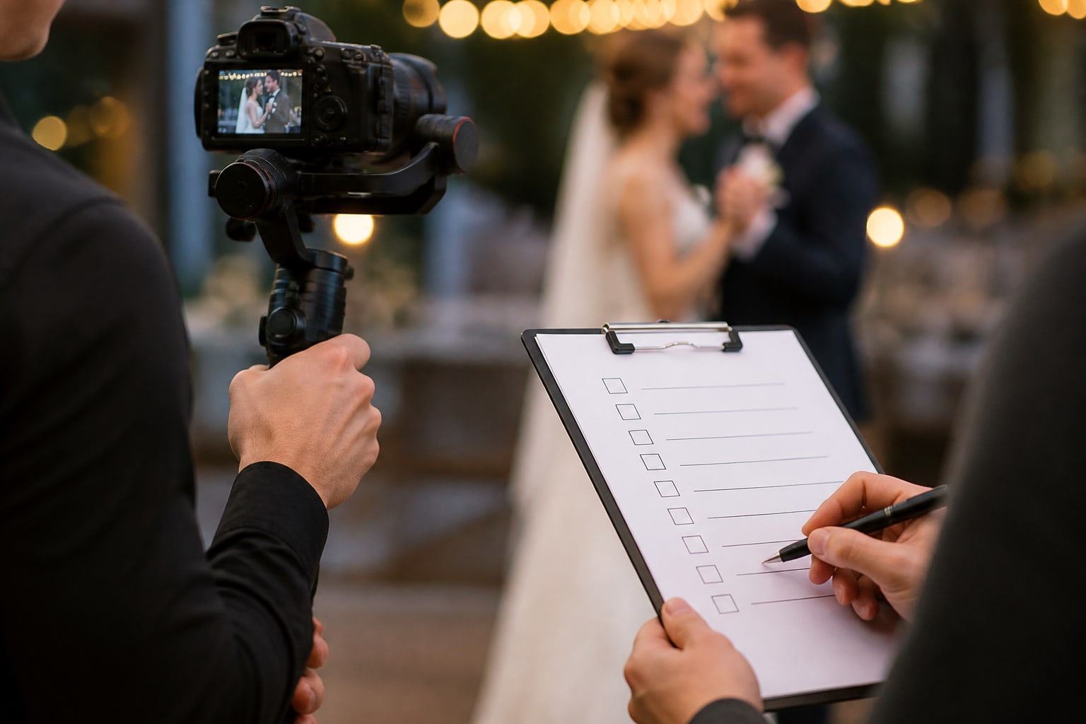 Een checklist wordt afgevinkt terwijl een videograaf het bruidspaar filmt