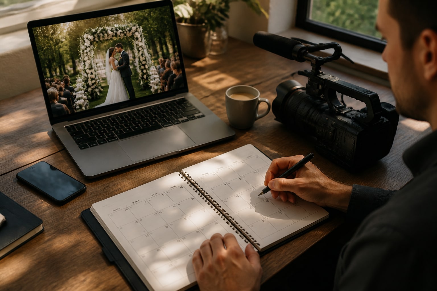 Iemand schrijft in een agenda naast een laptop en een camera