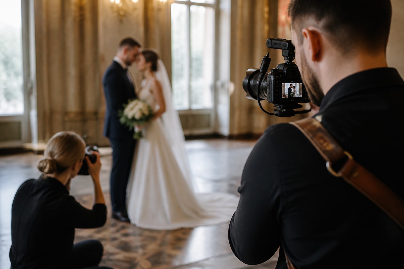 Een fotograaf en een videograaf leggen samen het bruidspaar vast in een zaal