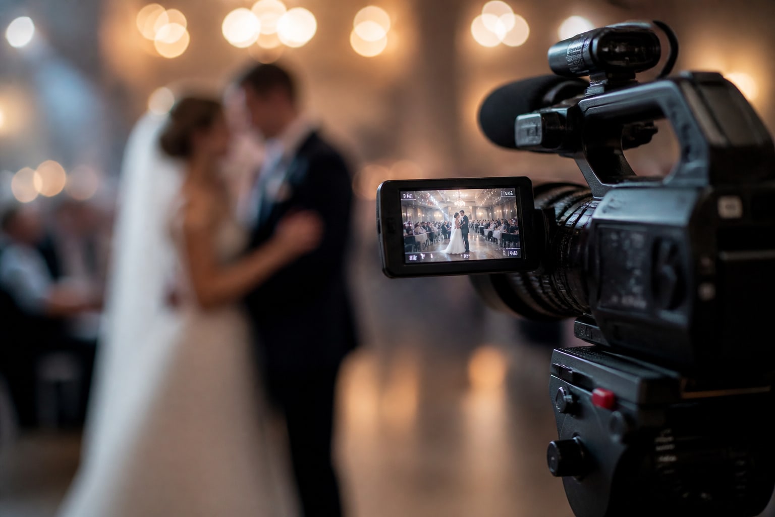 Een camera filmt het bruidspaar tijdens de eerste dans