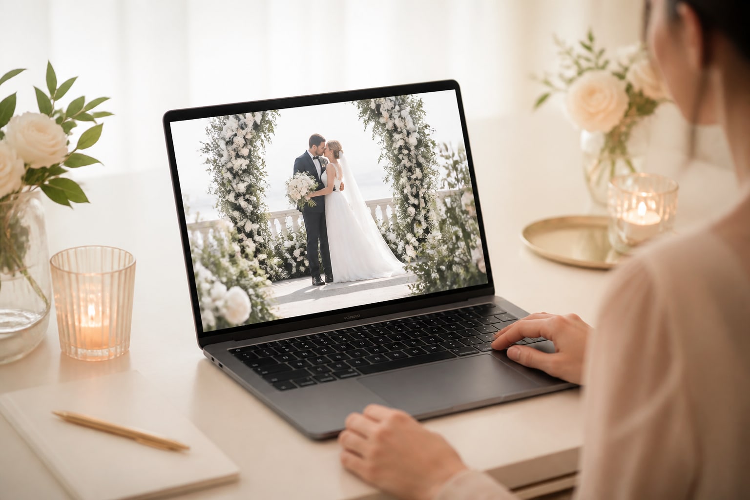 Iemand bekijkt een trouwwebsite op een laptop