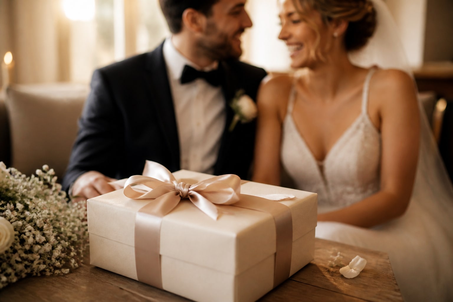 Het bruidspaar met een ingepakt cadeau op tafel